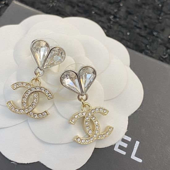 Chanel Heart Crystal Rhinestone Stud Earrings