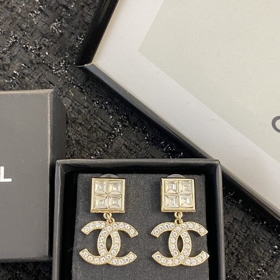 Chanel Square Diamond Full Crystal Stud Earrings
