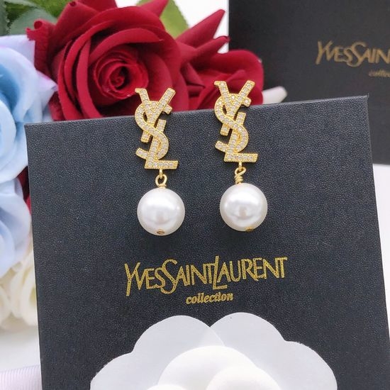 Yves Saint Laurent YSL Diamond Pearl Drop Earrings