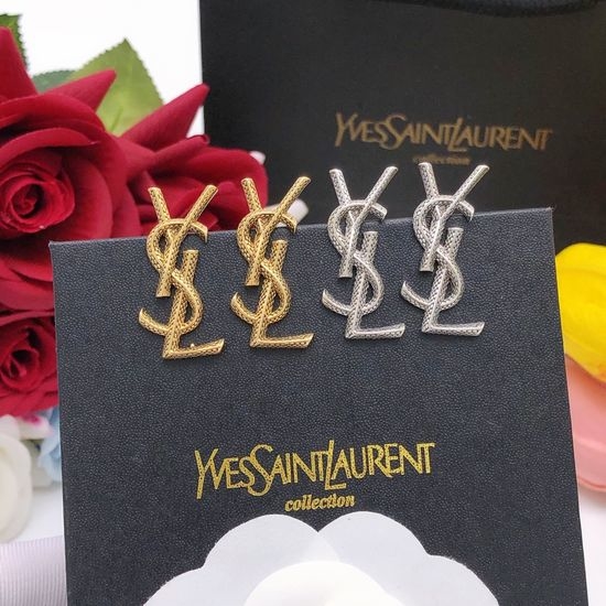 Yves Saint Laurent YSL Letter Design Brass Silver Post Earrings