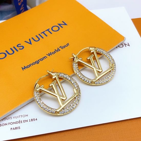 Louis Vuitton LV Round Diamond Inlaid Hook Earrings Brass