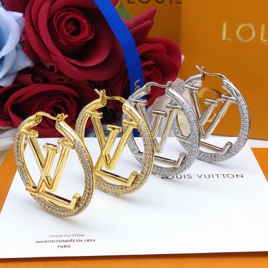 Louis Vuitton LV Round Diamond Brass Hoop Earrings