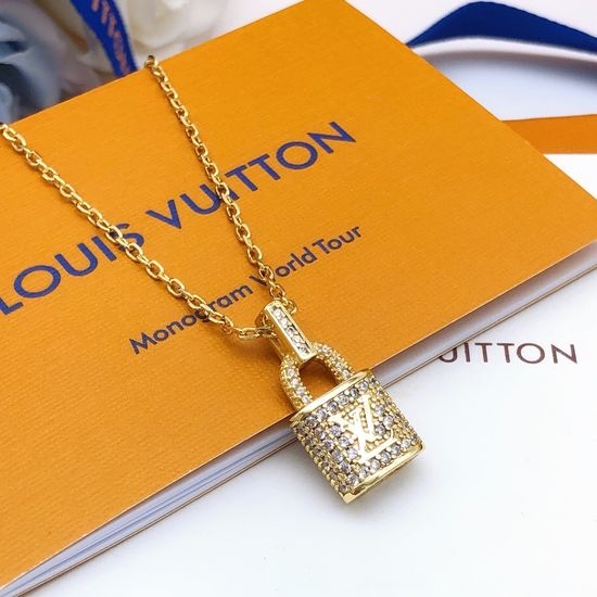 Louis Vuitton LV Sparkling Rhinestone Lock Pendant Brass Necklace