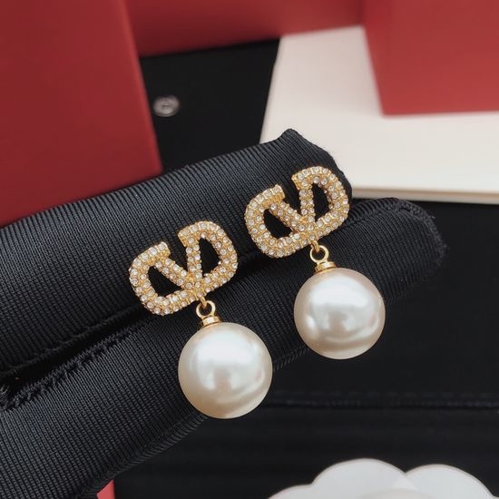 Valentino V-shaped Diamond Pearl Drop Earrings