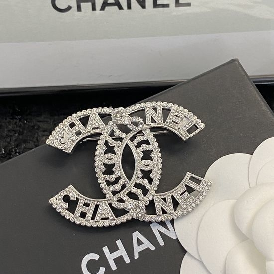 Chanel Silver Letter Rhinestone Brooch