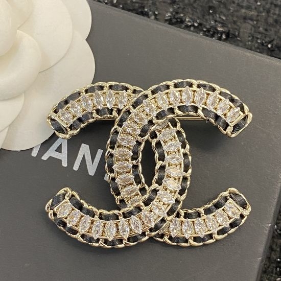Chanel Rhinestone Double C Leather Brooch
