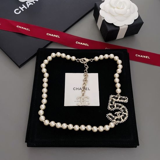 Chanel Pearl Leather Chain Crystal Necklace