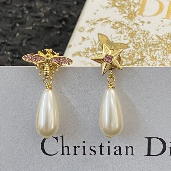 Christian Dior CD Rhinestone Bee Star Pearl Stud Earrings