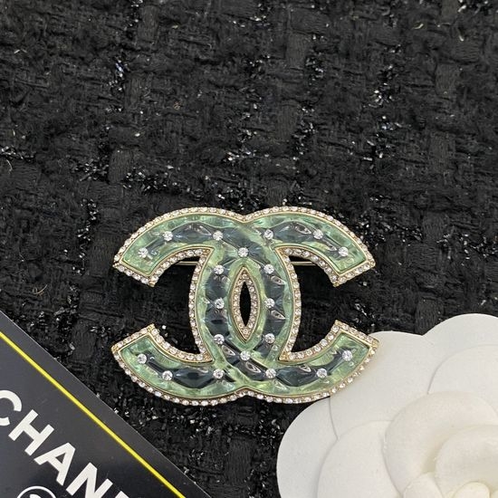 Chanel Green Glazed Rhinestone Double C Brooch