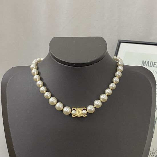 Celine Classic Logo Pearl Pendant Necklace