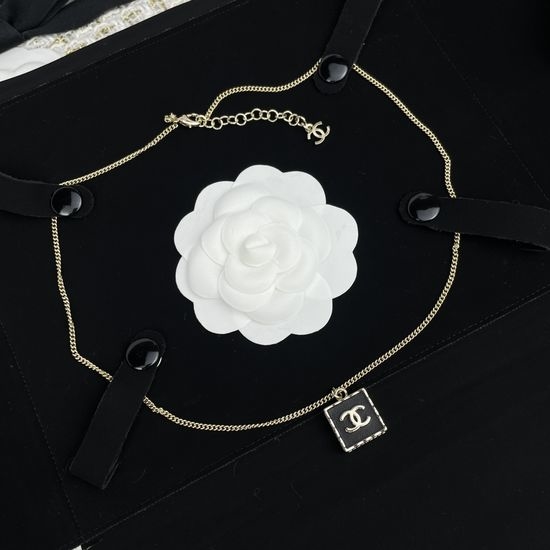 Chanel Black Gold Square Pendant Necklace