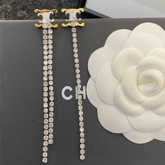 Celine Asymmetric Rhinestone Tassel Drop Earrings