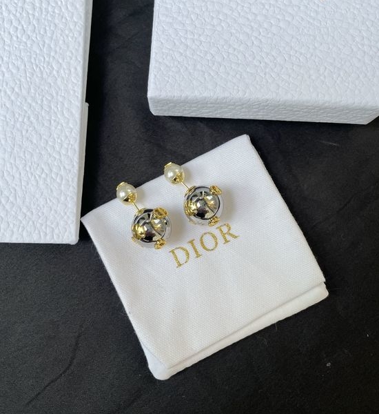 Christian Dior CD Grey Bead Metal Stud Earrings