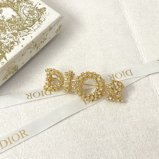 Christian Dior CD Hollow Rhinestone Brooch Light Gold Tone