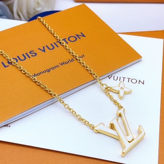 Louis Vuitton LV White Enamel Pendant Brass Necklace