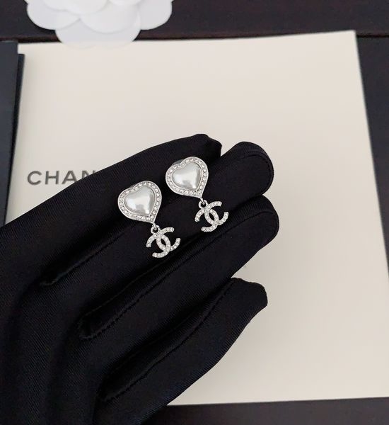 Chanel White Heart Shape Alloy Stud Earrings