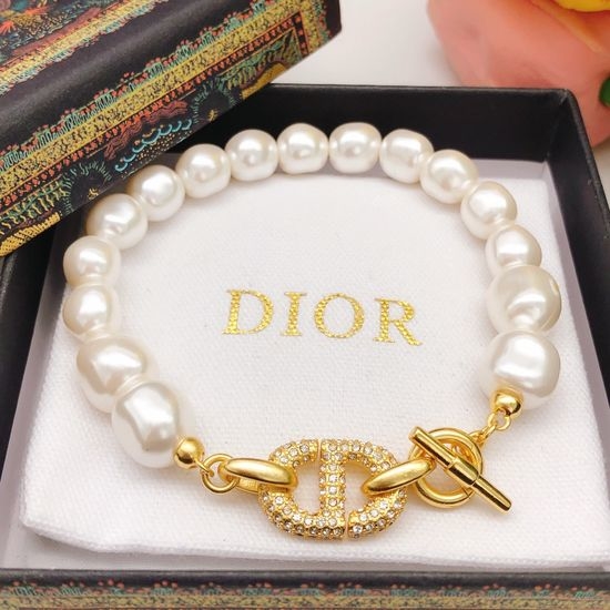 Christian Dior CD Pearl Pig Nose Diamond Bracelet Brass