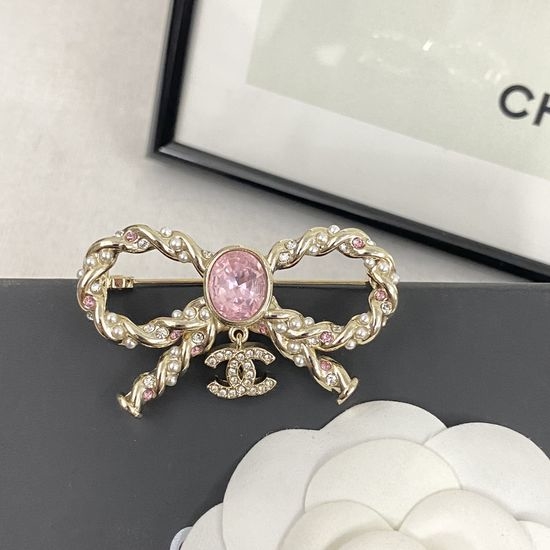 Chanel Pink Rhinestone Bow Pearl Brooch