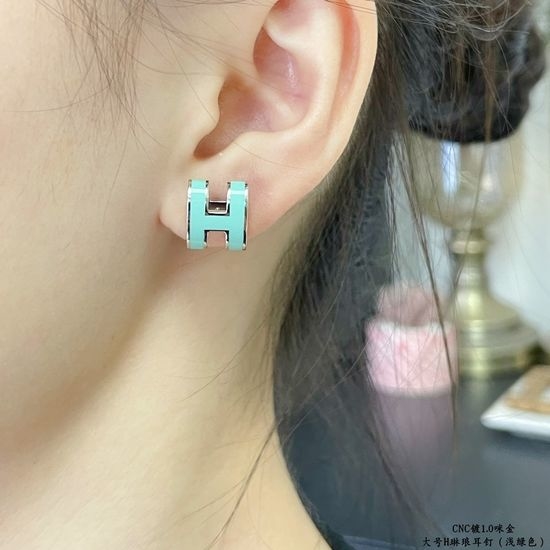 Hermes Light Green Enamel Stud Earrings Fine Polished