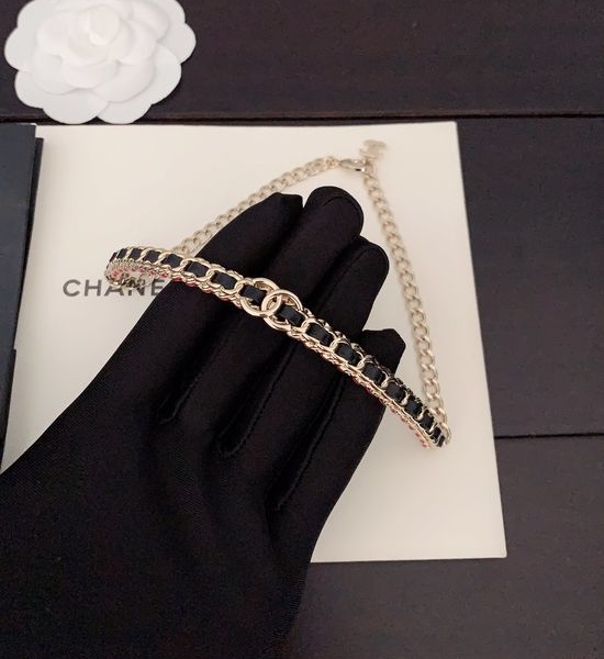 Chanel Black Leather Pink Choker Necklace