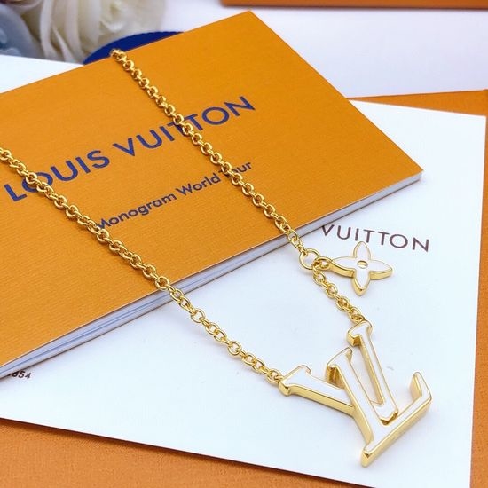 Louis Vuitton LV White Enamel Pendant Necklace in Brass