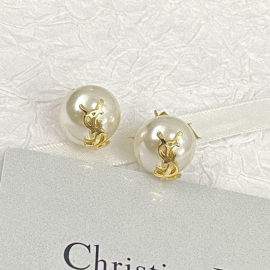 Yves Saint Laurent YSL Smooth Flat Round Pearl Stud Earrings