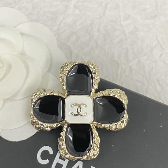Chanel Black Gold Enamel Clover Brooch