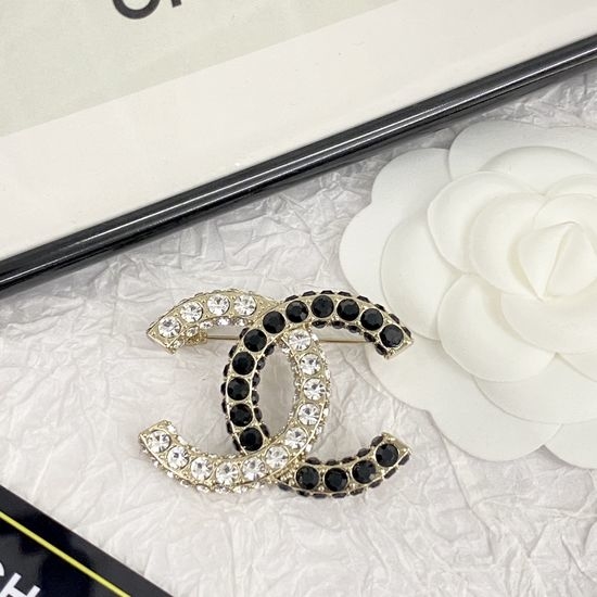 Chanel Black White Rhinestone Logo Brooch