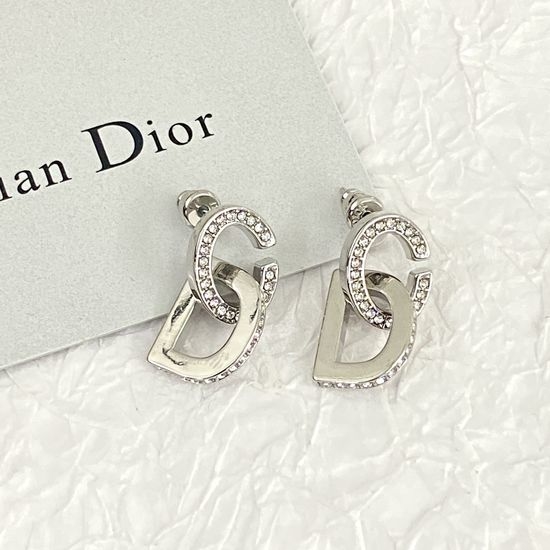Christian Dior CD Rhinestone Letter Decor Movable Stud Earrings