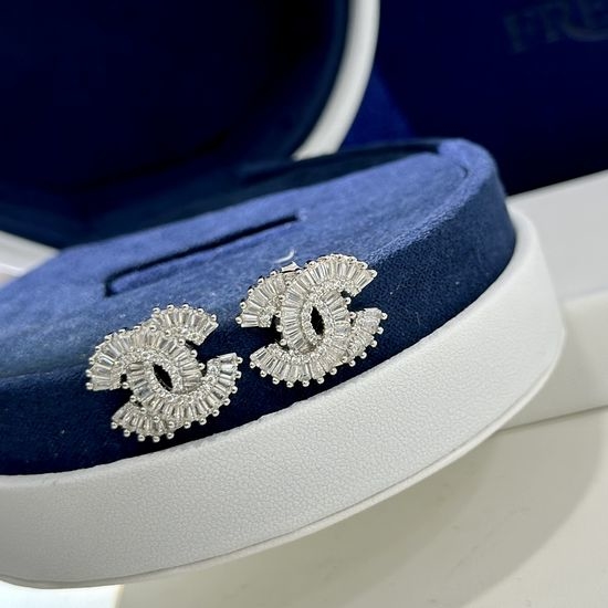 Chanel Double Diamond Inlaid Sterling Silver Earrings