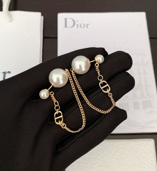 Christian Dior CD Two Size Pearl Chain Earrings