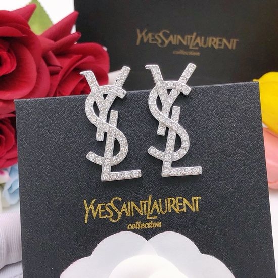 Yves Saint Laurent YSL Diamond Inlaid Silver Stud Earrings