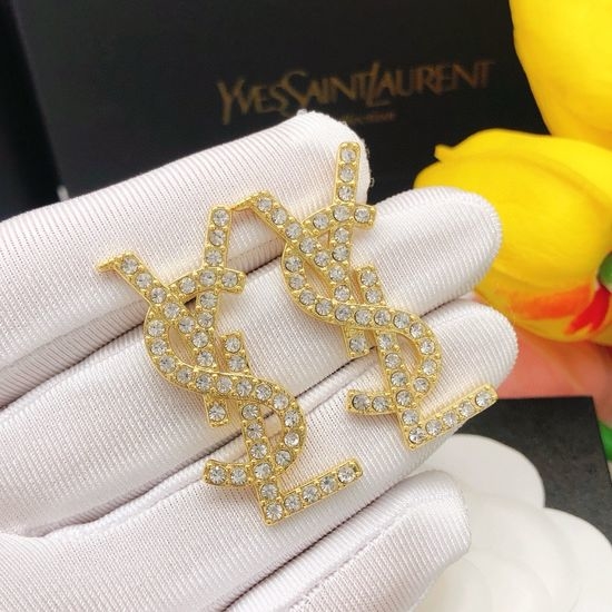 Yves Saint Laurent YSL Gold Rhinestone Inlaid Stud Earrings