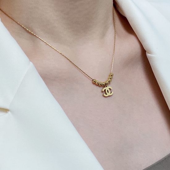 Chanel Double C Bead Pendant Necklace 14K Gold Plated