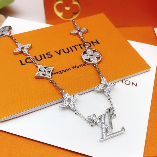 Louis Vuitton LV Silver Monogram Pattern Brass Necklace