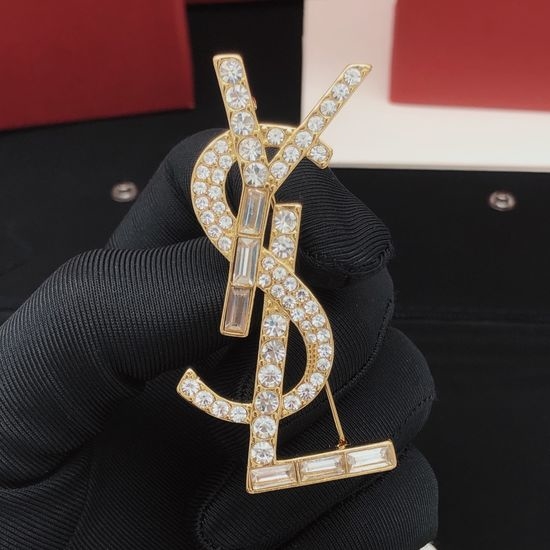 Yves Saint Laurent YSL Rhinestone Inlaid Golden Brooch