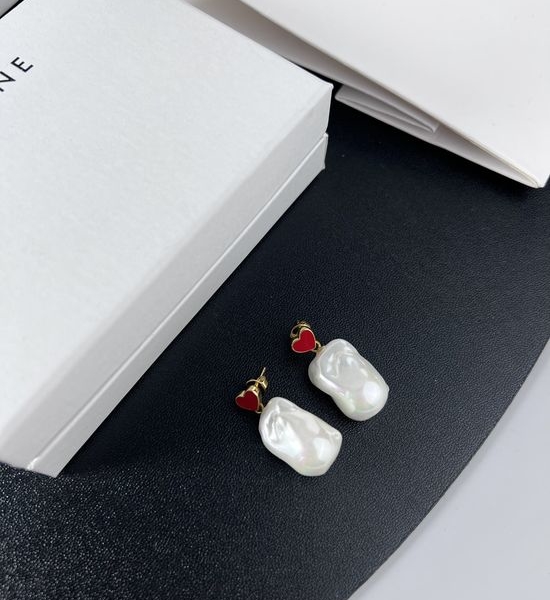 Celine Enamel Heart Pearl Stud Earrings