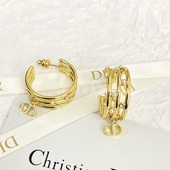 Christian Dior CD Gold Hollow Circle Crystal Pearl Earrings