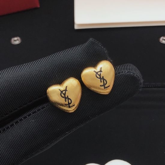Yves Saint Laurent YSL Heart Shaped Brass Stud Earrings