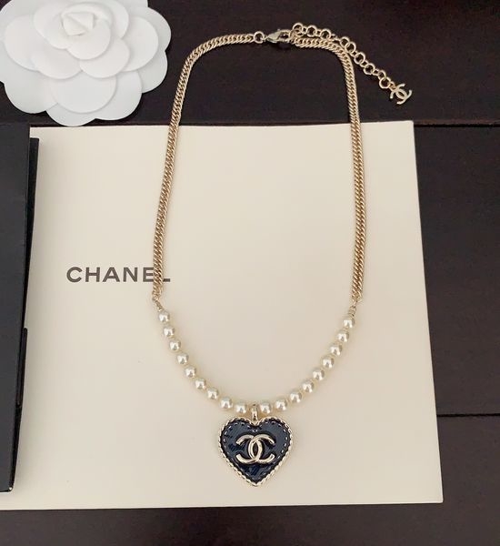 Chanel Denim Blue Heart Pearl Necklace