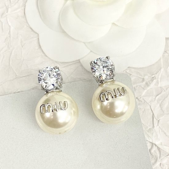Miu Miu Silver Rhinestone Pearl Stud Earrings