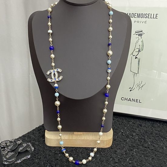 Chanel Blue Glaze Pearl Long Chain Necklace Elegant