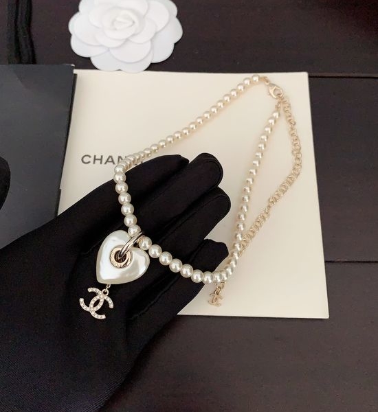 Chanel White Pearl Heart Pendant Necklace