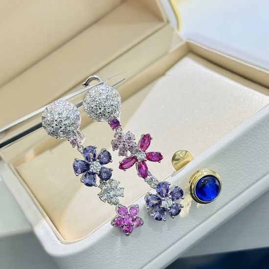 Van Cleef & Arpels VCA Colorful Diamond Flower Asymmetric Tassel Earrings