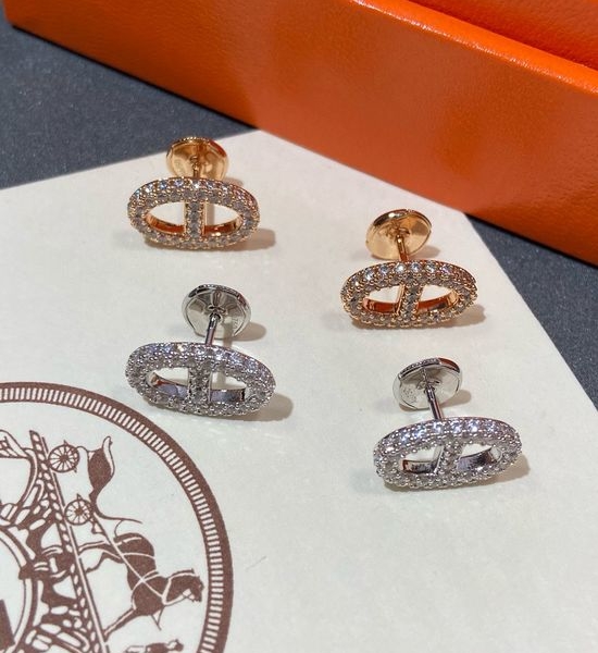 Hermes Pave CZ Stud Earrings Gold Tone Premium Jewelry