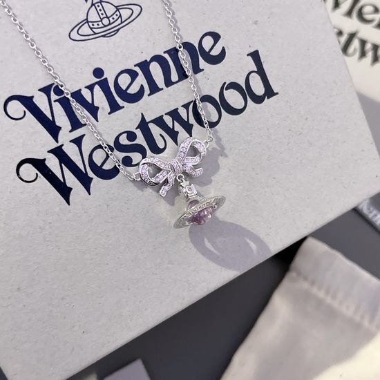Vivienne Westhood Bow Saturn Necklace Rhinestone Inlaid Jewelry