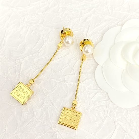 Miu Miu Pearl Square Chain Tassel Drop Earrings