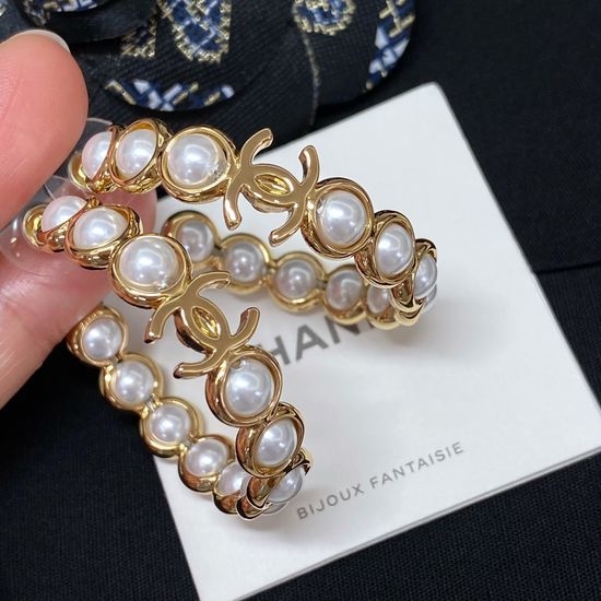 Chanel Pearl Gold Trim Hoop Earrings