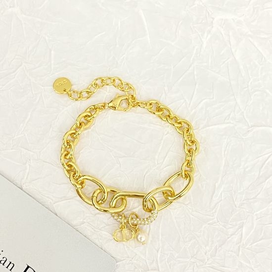 Christian Dior CD Rhinestone Pearl Chunky Chain Bracelet