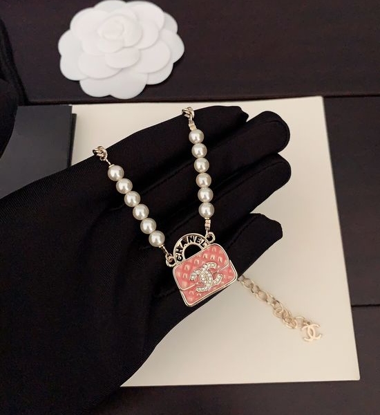 Chanel Pink Bag Pendant Pearl Necklace